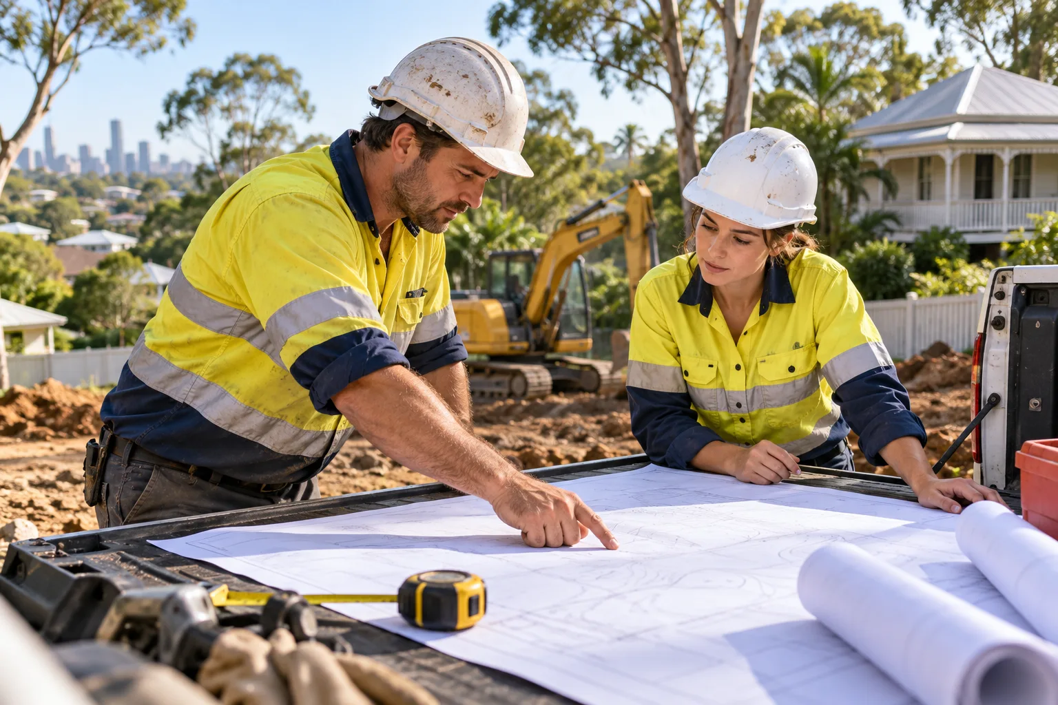 Illustrative site coordinators discussing an earthworks plan in a Brisbane setting